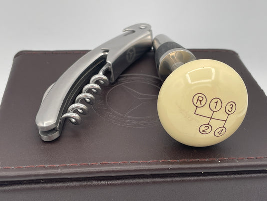 Mercedes-Benz Branded Wine Accessory Set | Gear Shifter Bottle Stopper & Waiter's Friend Corkscrew in Leather Presentation Box