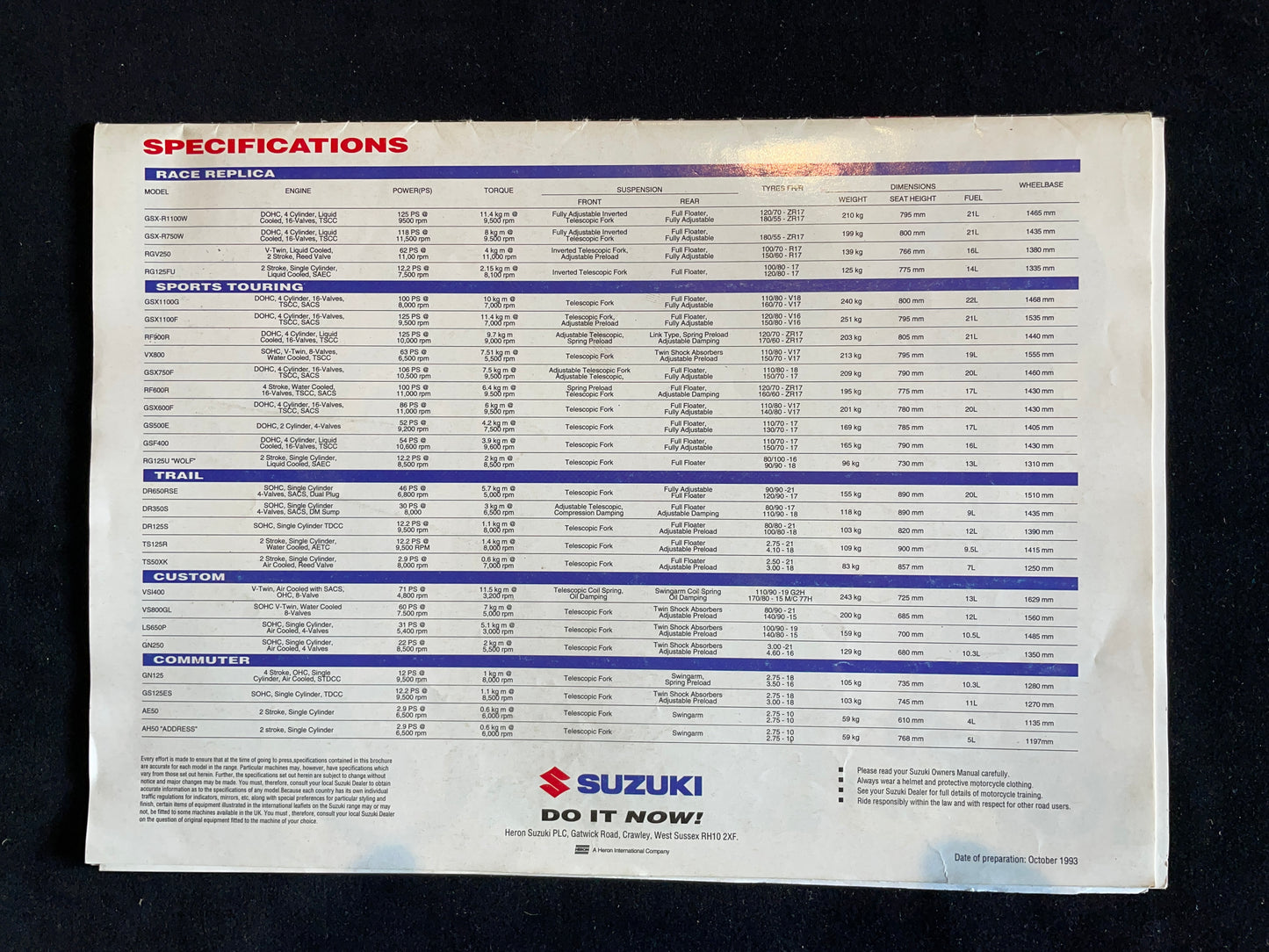 Suzuki 1994 Catalogue with owners club letter and price list plus dealers list