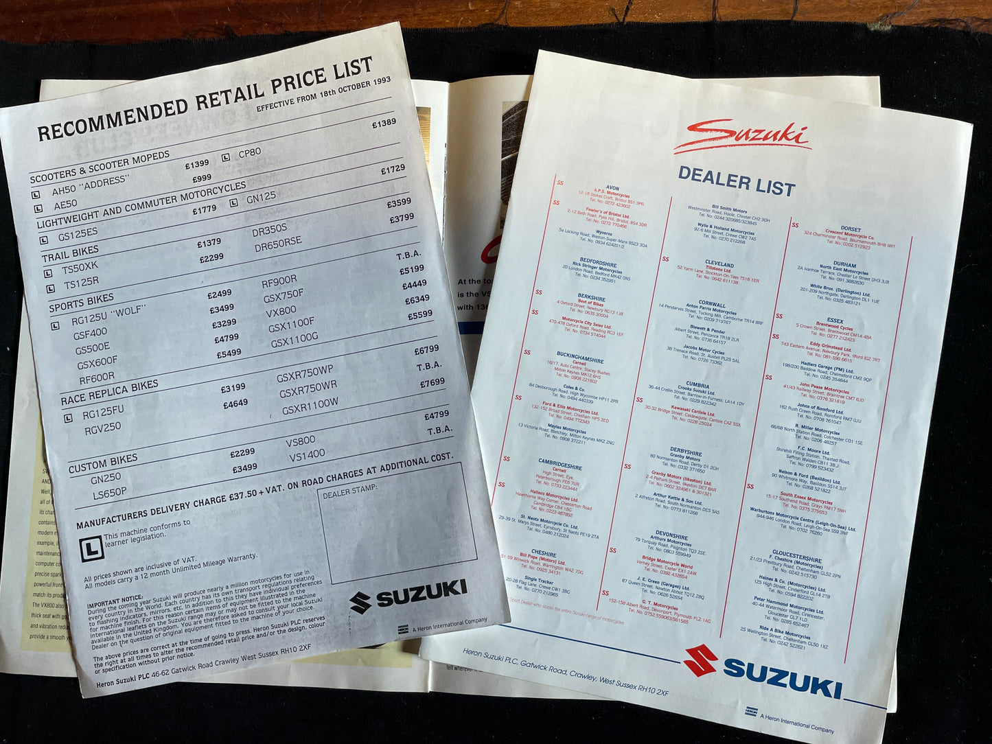 Suzuki 1994 Catalogue with owners club letter and price list plus dealers list