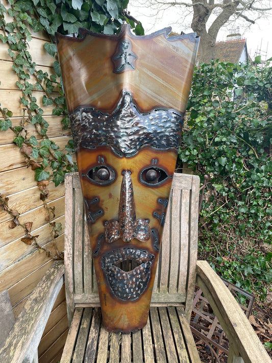 Folk Art Metal Zulu Warrior style mask wall hanging light or candle holder 1m tall