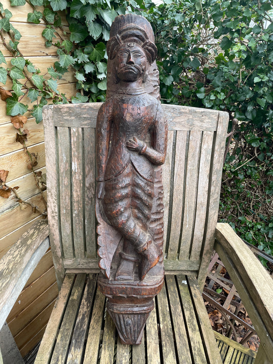 Antique Indian folk art hand carved carving of moustached man - hardwood - 7kg 77cm tall