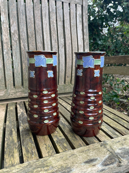 Pair Royal Doulton 19th century stoneware vases signed by Florrie Jones 21cm tall