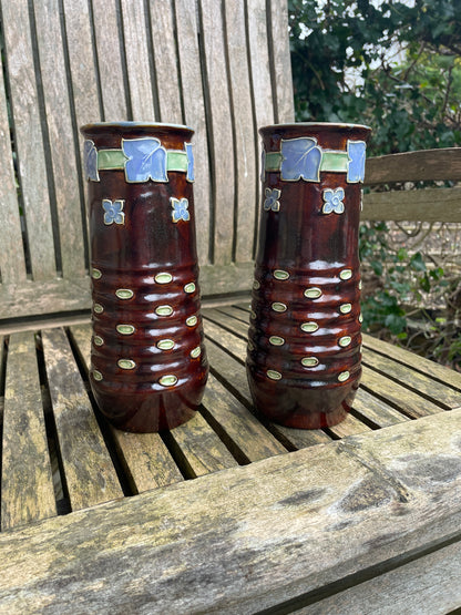 Pair Royal Doulton 19th century stoneware vases signed by Florrie Jones 21cm tall