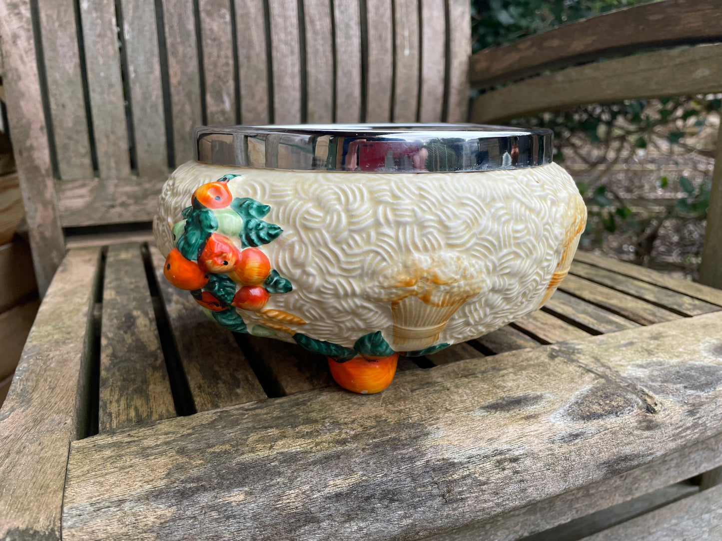 Clarice Cliff Celtic Harvest Newport Pottery England white metal rimmed salad fruit bowl 27cm wide