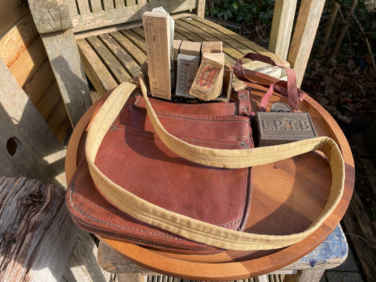 Vintage leather London bus conductors bag , bus ticket holder and child ticket dispenser c1930's