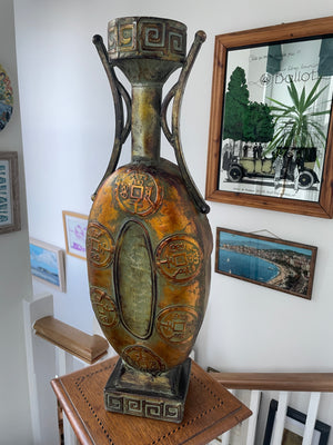 Large Chinese Style Decorative Vase – Faux Bronze Finish with Coin Motif Relief (60 cm)