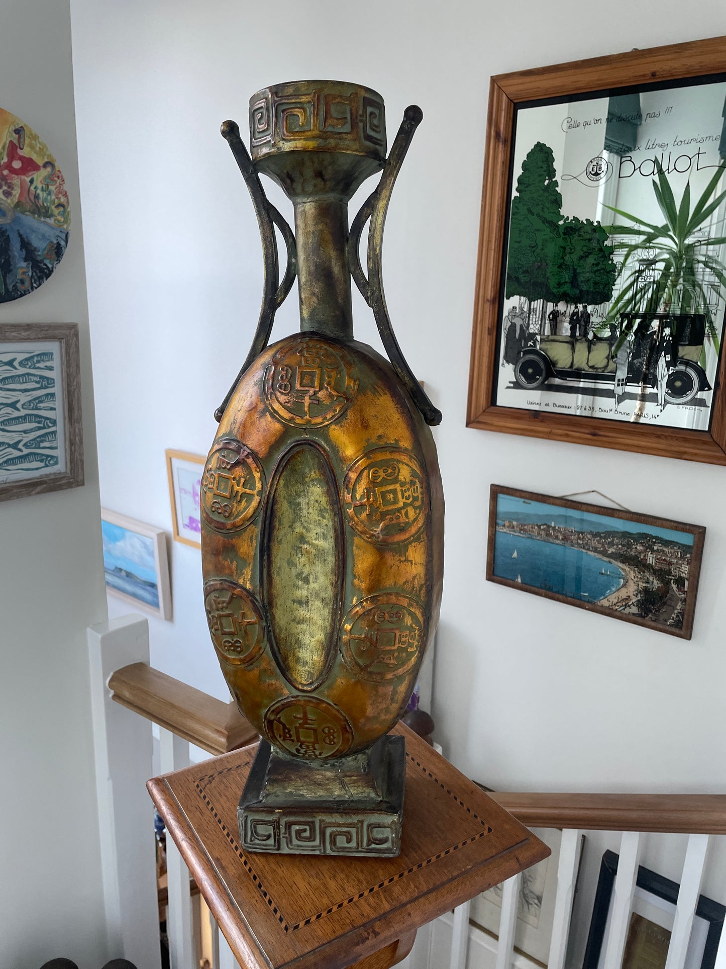Large Chinese Style Decorative Vase – Faux Bronze Finish with Coin Motif Relief (60 cm)