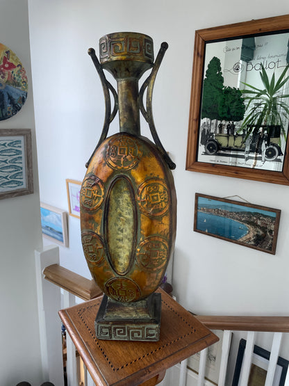 Large Chinese Style Decorative Vase – Faux Bronze Finish with Coin Motif Relief (60 cm)