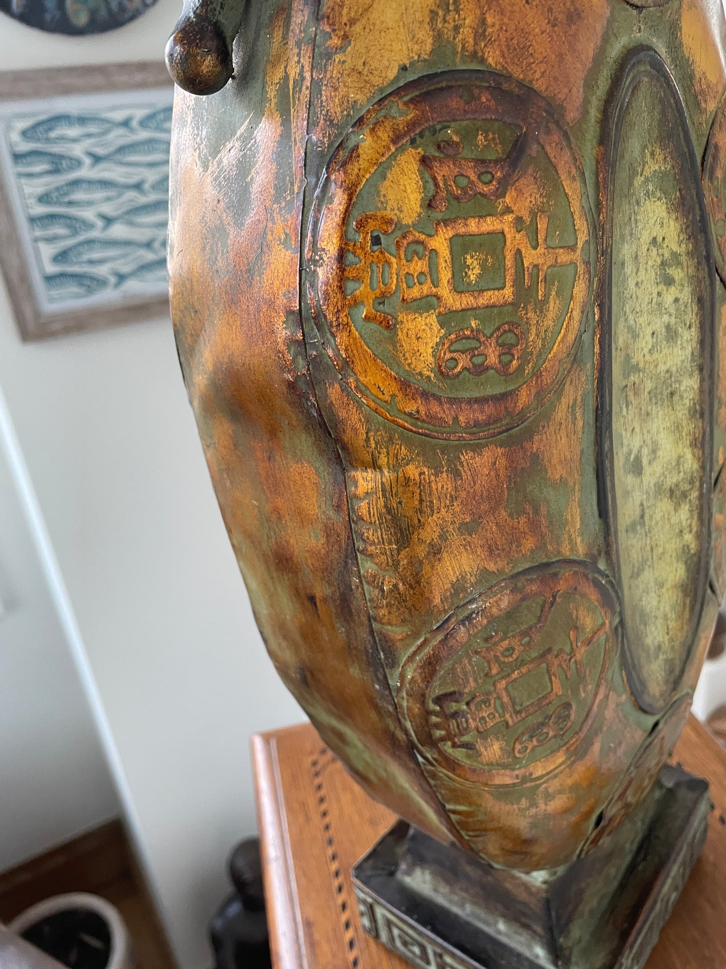 Large Chinese Style Decorative Vase – Faux Bronze Finish with Coin Motif Relief (60 cm)