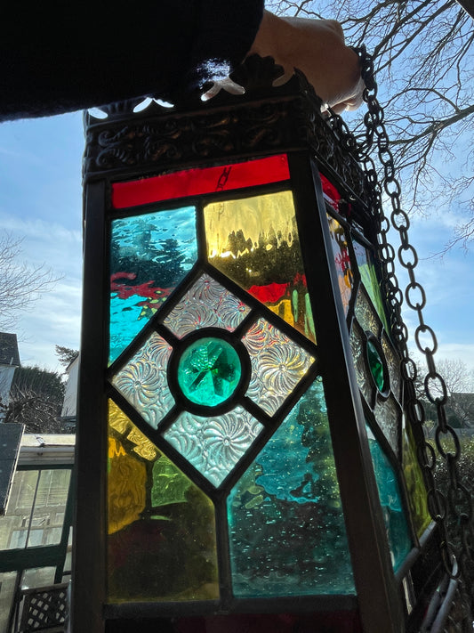 Victorian stained glass and brass six sided lantern 31cm tall