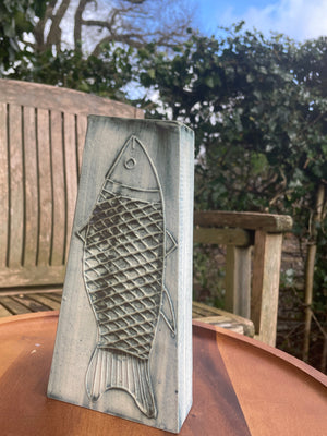 Carn Pottery fish vase signed John Beusman with printed marks 21 cm tall