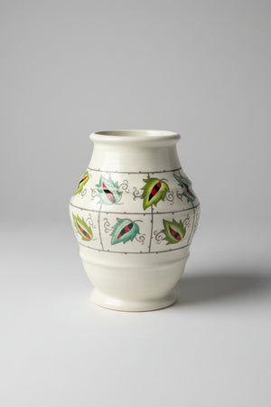 Charlotte Rhead for Crown Ducal Art Deco vase -Leaf and Trellis pattern 19cm tall