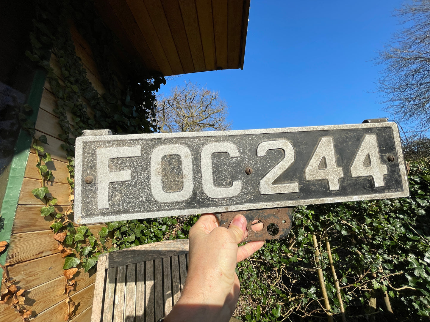 Vintage UK classic car registration plate, unique, novelty, marked PLATO Ltd, man cave must
