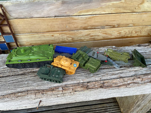 Collection of vintage plastic and diecast military toys including Dinky and Airfix 1970's