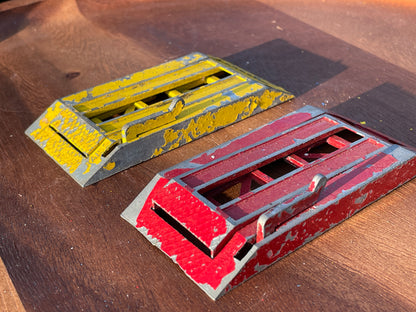 Two Crescent Toys diecast Car Garage Ramps in red and yellow 10cm long