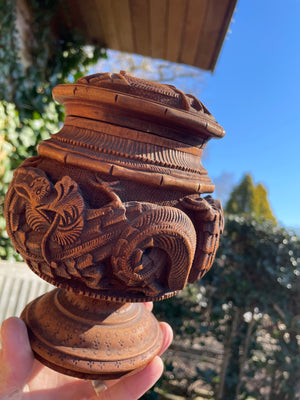Chinese hand carved Dragon tea caddy or tobacco jar 1890