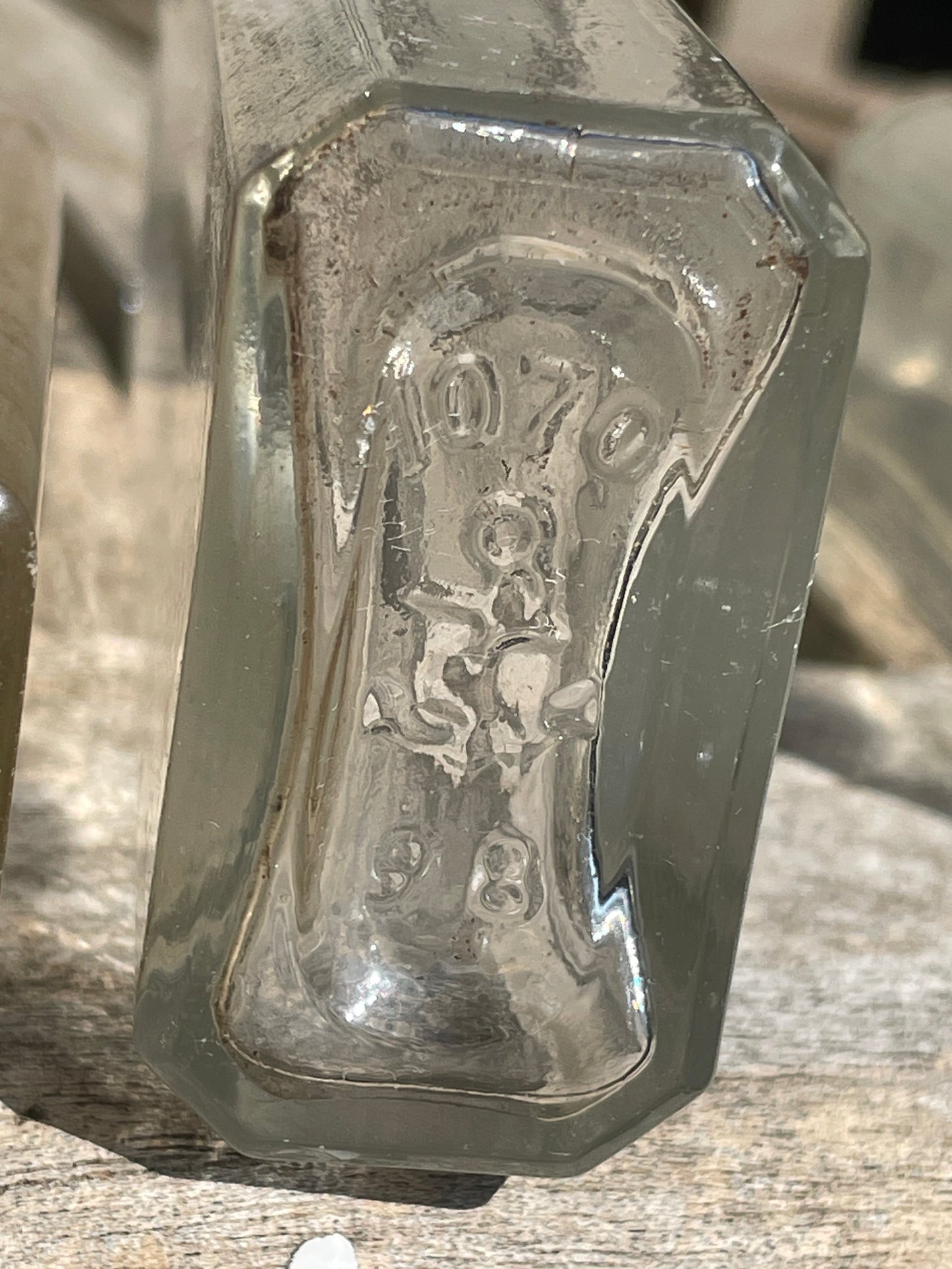 six antique and vintage clear glass bottles tallest  - Sloan's Liniment example 15cm