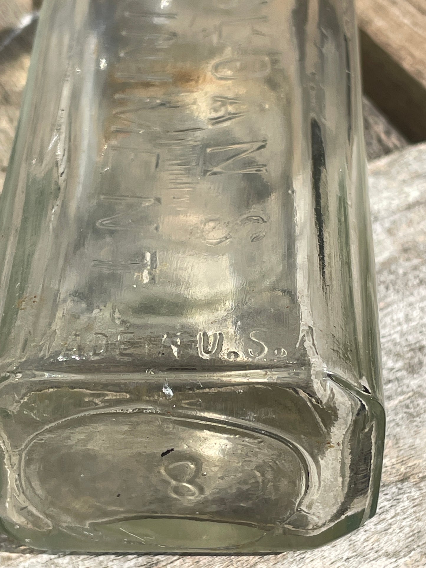 six antique and vintage clear glass bottles tallest  - Sloan's Liniment example 15cm