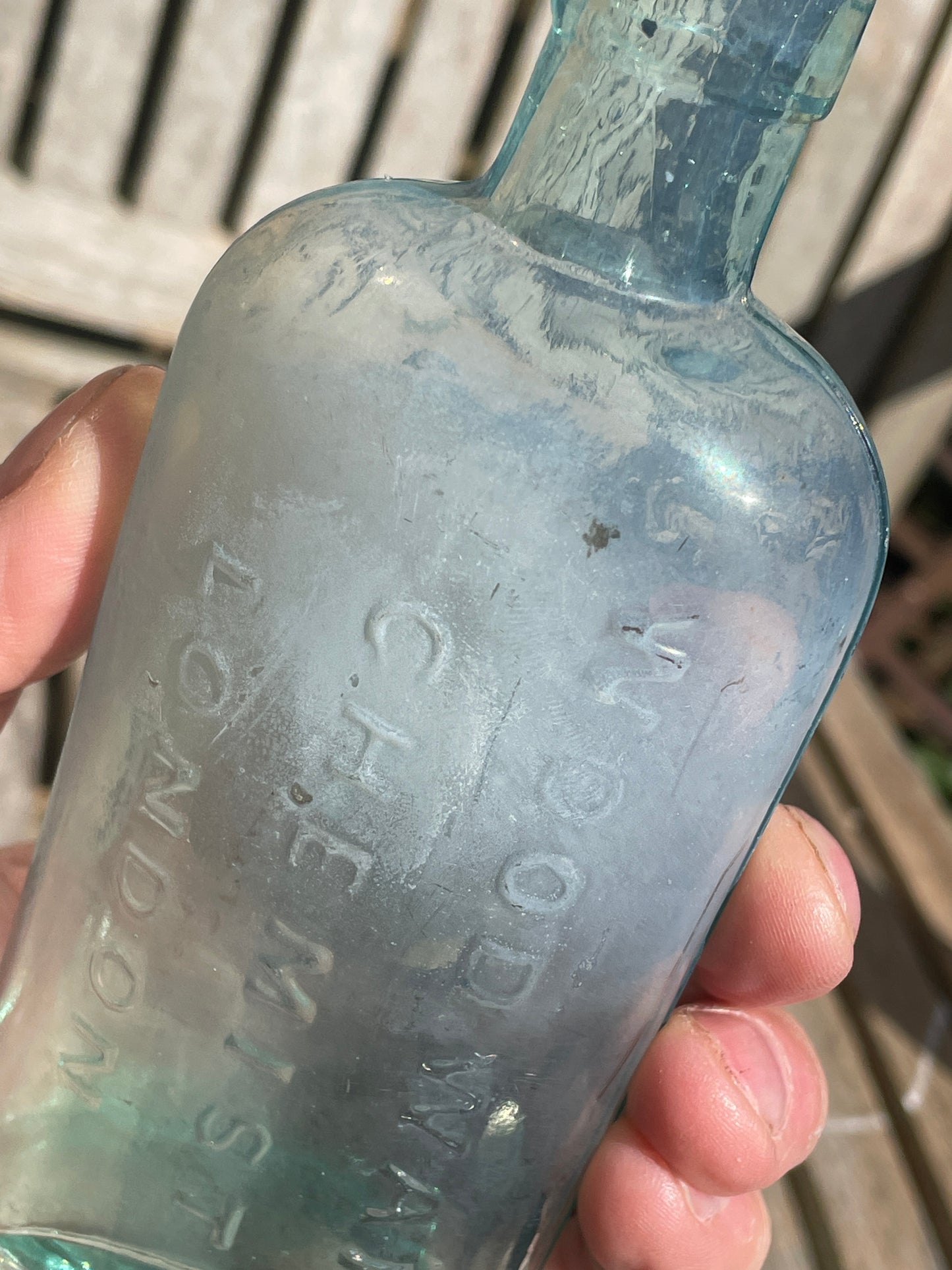 Antique Apothecary blue glass Woodward Chemist London bottle 15.5cm tall
