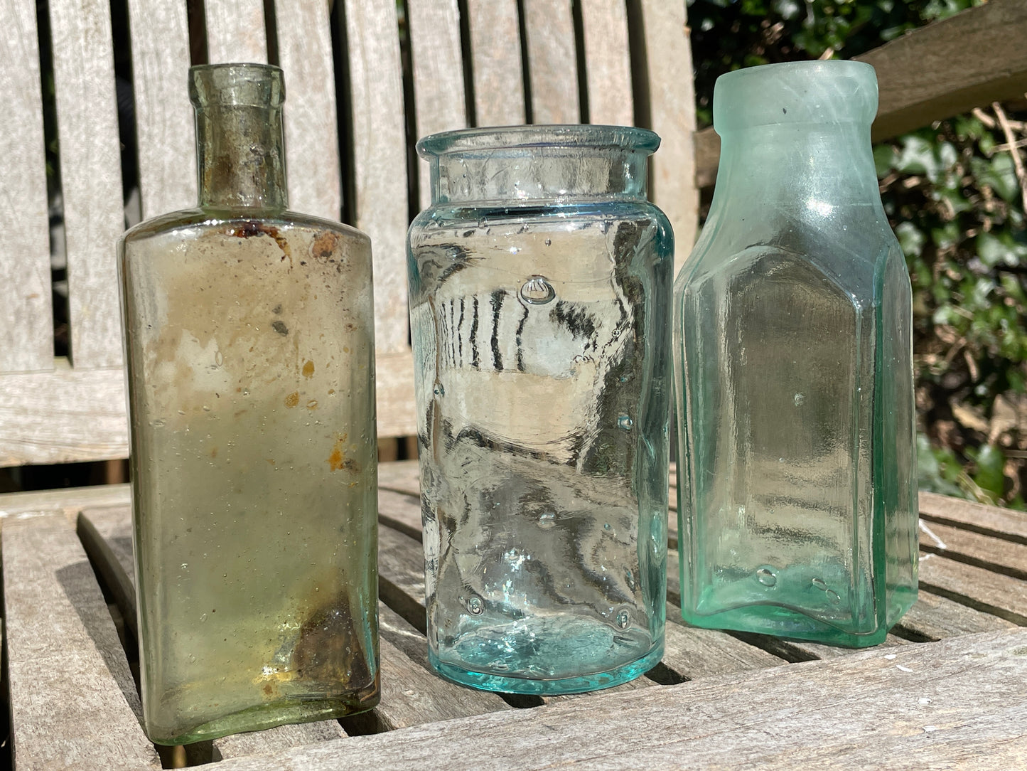 Three lovely antique and vintage glass jars and bottles tallest 15cm