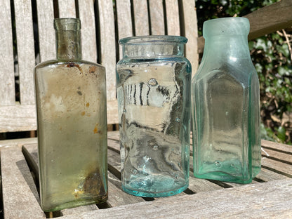 Three lovely antique and vintage glass jars and bottles tallest 15cm