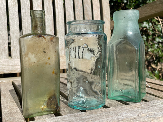 Three lovely antique and vintage glass jars and bottles tallest 15cm