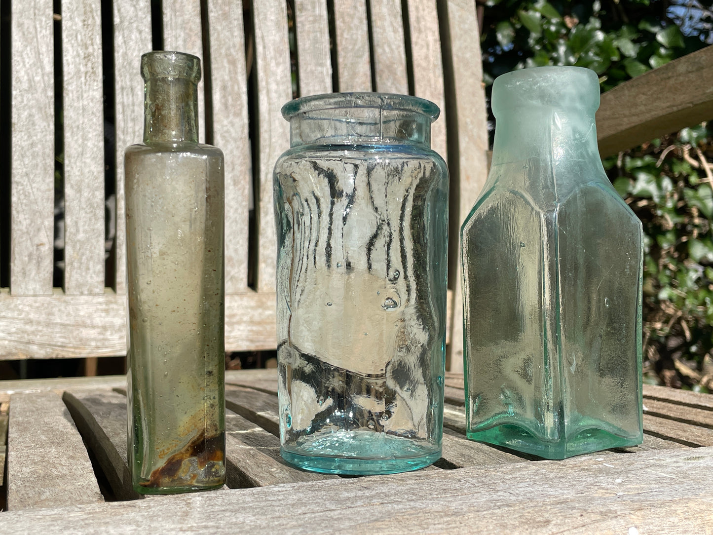 Three lovely antique and vintage glass jars and bottles tallest 15cm