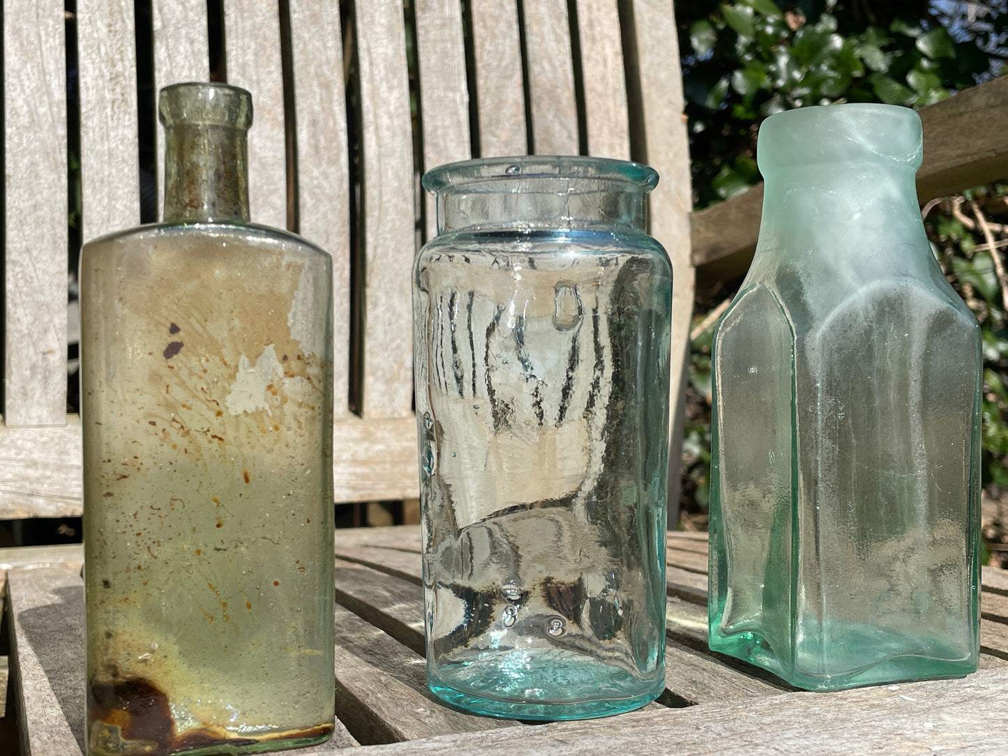 Three lovely antique and vintage glass jars and bottles tallest 15cm
