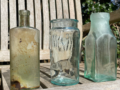 Three lovely antique and vintage glass jars and bottles tallest 15cm