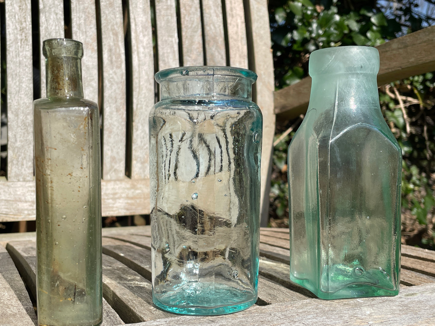 Three lovely antique and vintage glass jars and bottles tallest 15cm