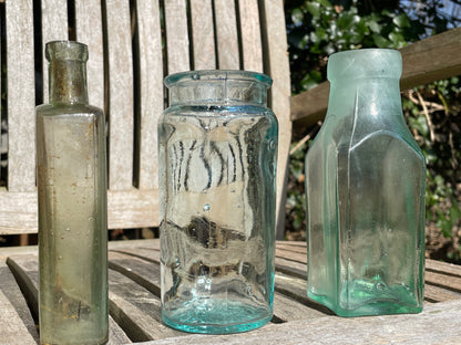 Three lovely antique and vintage glass jars and bottles tallest 15cm