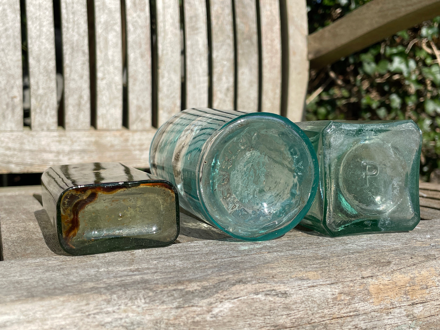 Three lovely antique and vintage glass jars and bottles tallest 15cm