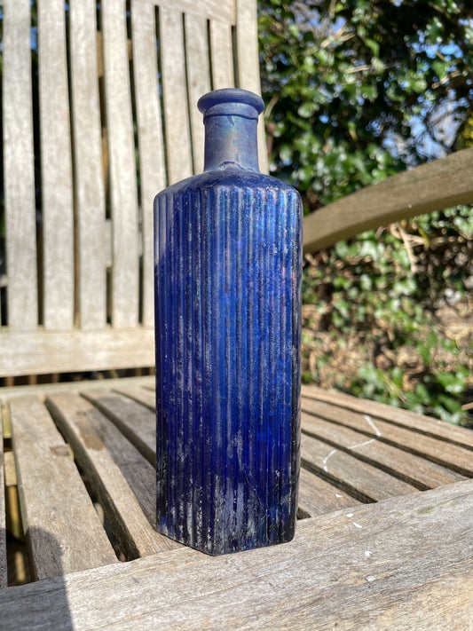 Cobalt blue hexagonal Victorian ribbed blue poison bottle 17.5cm tall
