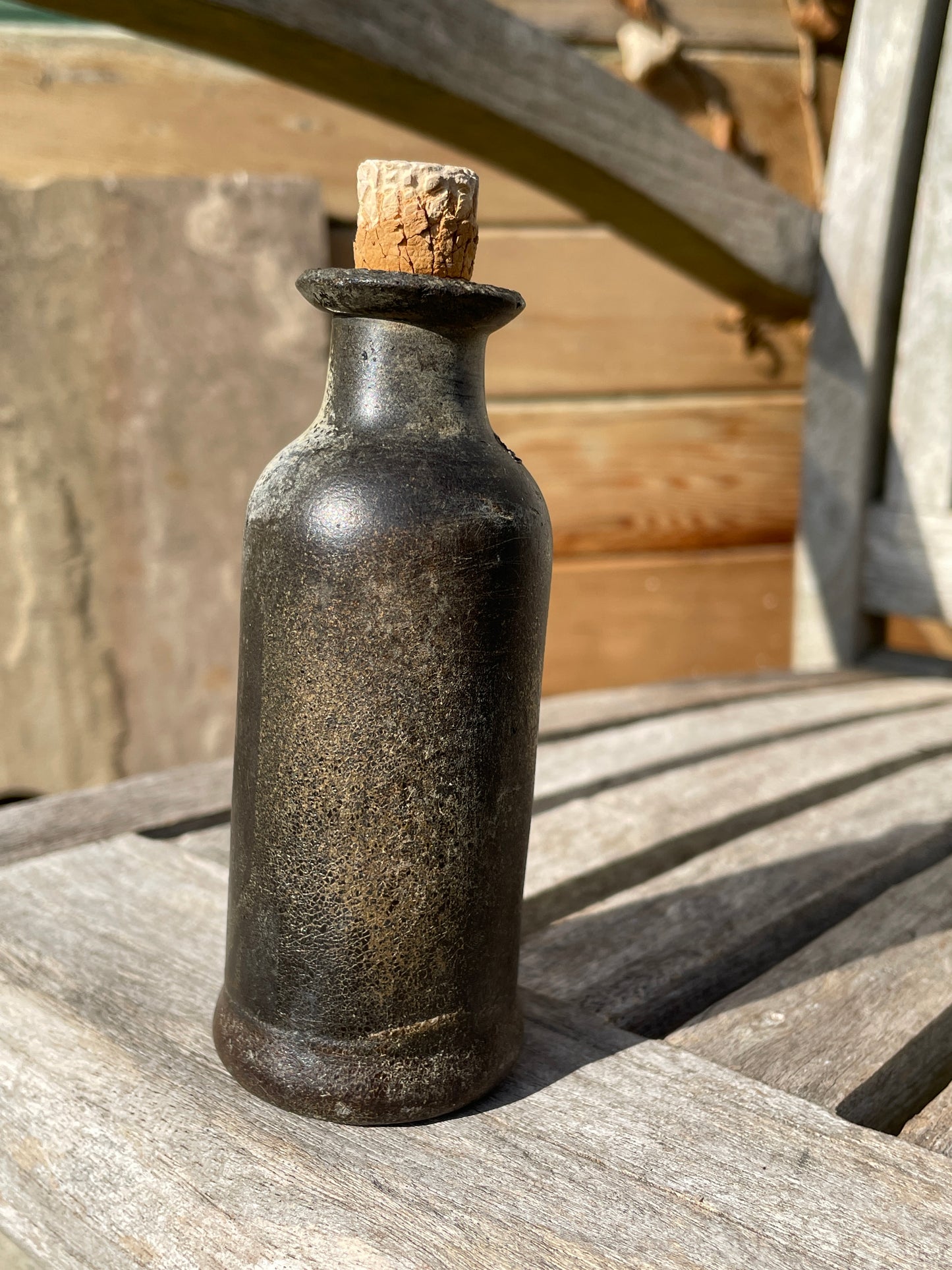 Very rare leather tincture phial poison bottle with original cork 11.5cm tall c1830