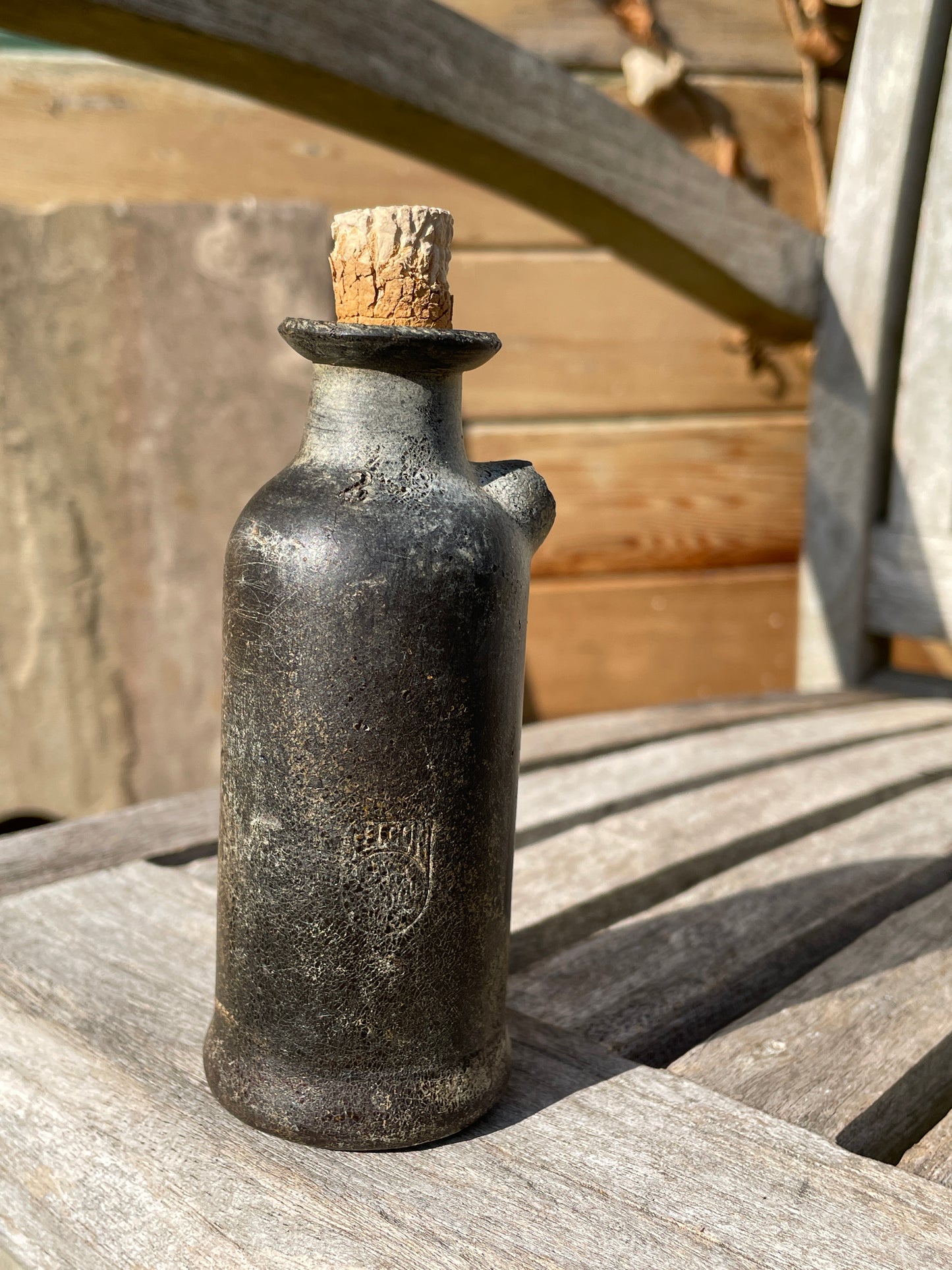 Very rare leather tincture phial poison bottle with original cork 11.5cm tall c1830