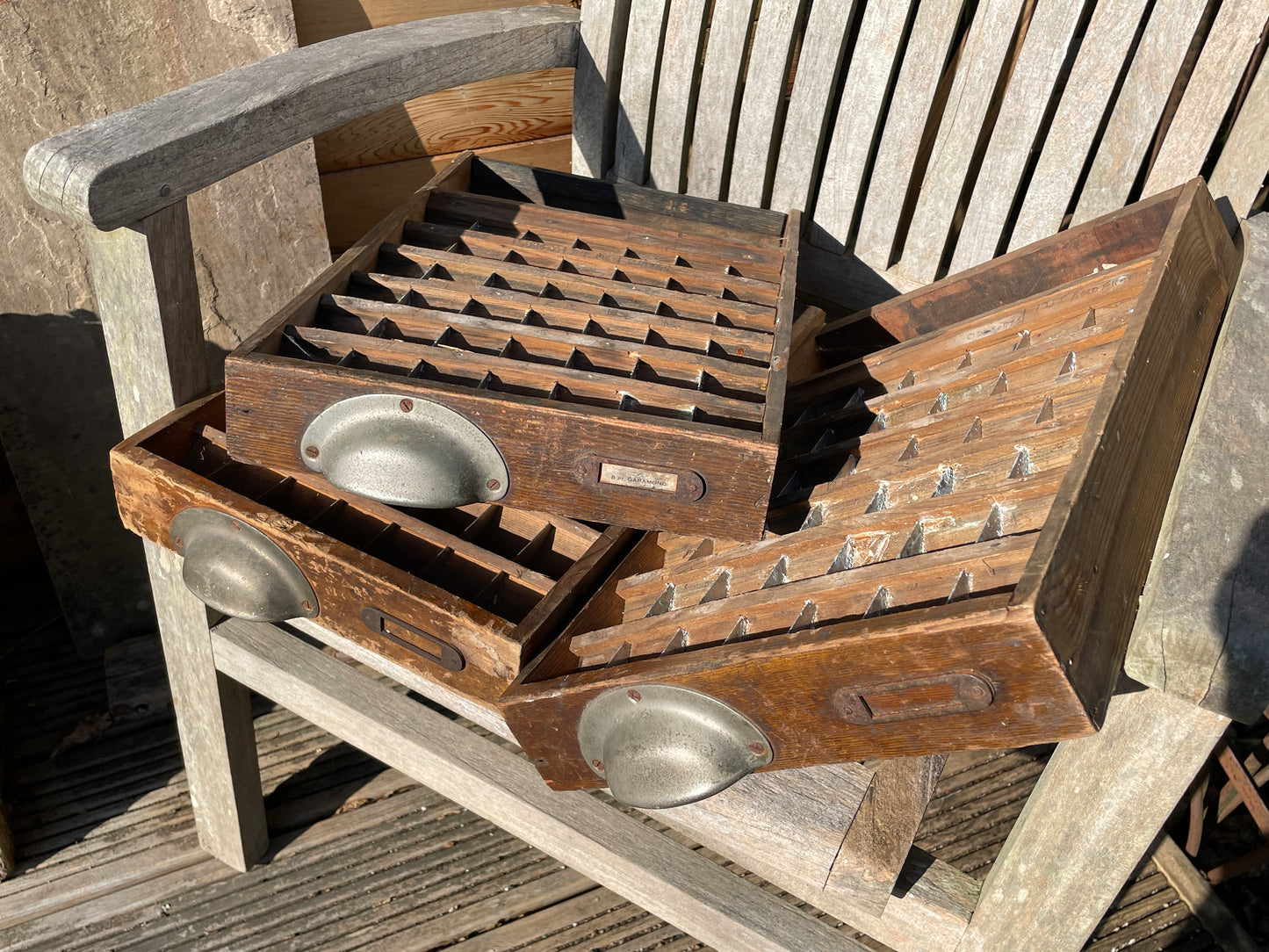 Three original type set printers letterpress typecase drawers for display c1920's
