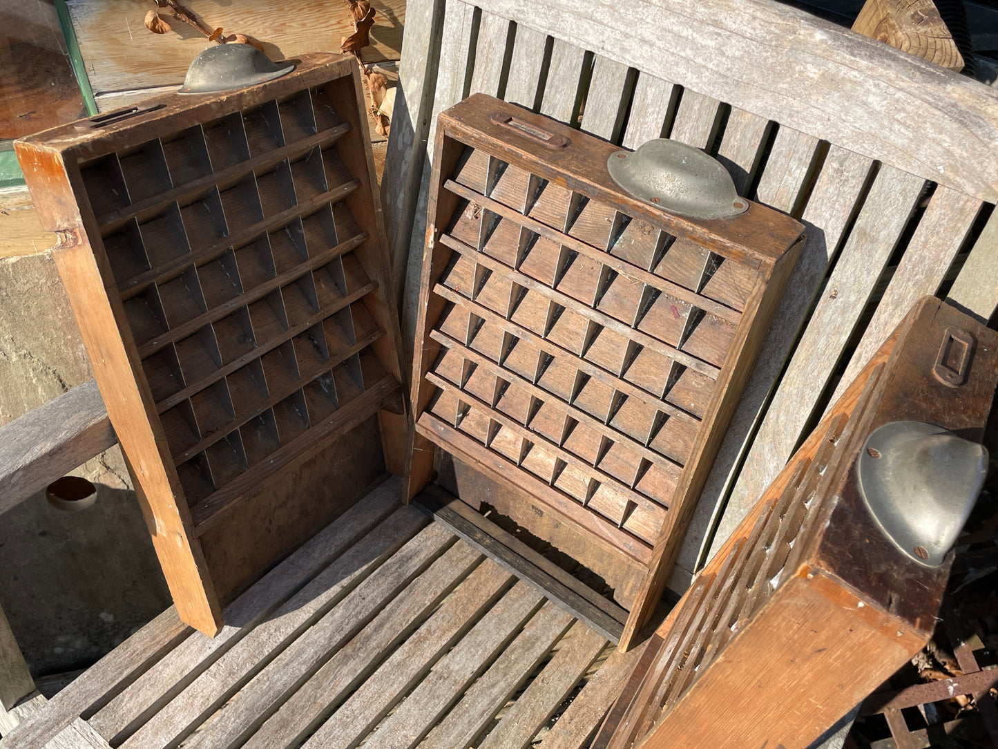 Three original type set printers letterpress typecase drawers for display c1920's