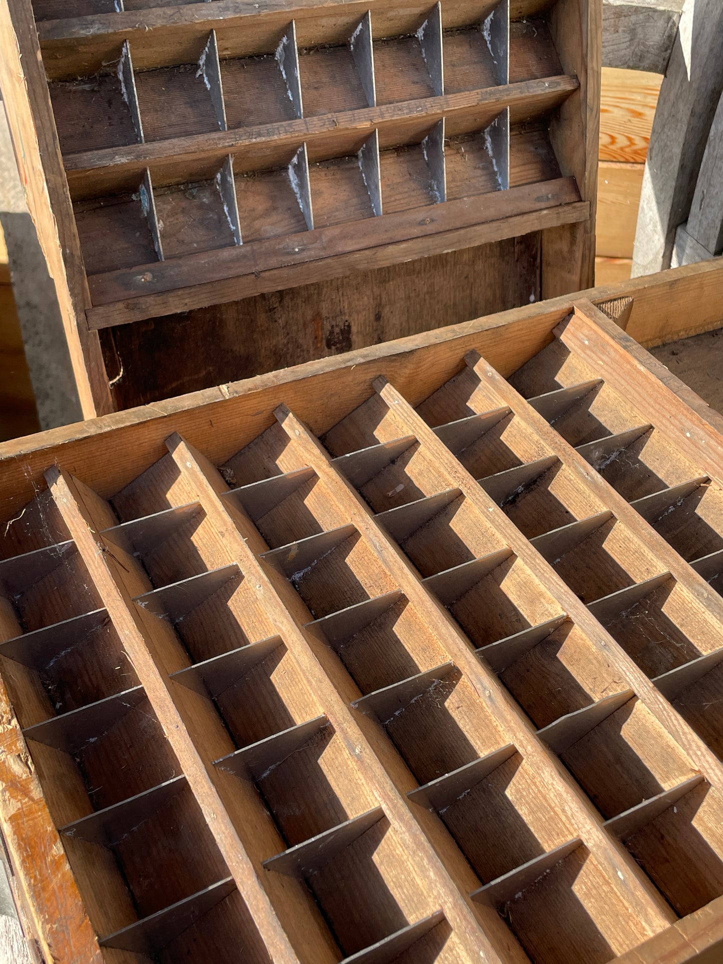 Three original type set printers letterpress typecase drawers for display c1920's