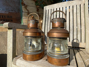 Pair of antique brass and copper Masthead nautical ship lamps