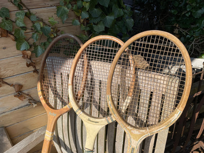 Three vintage wooden tennis rackets Slazenger Royal Crown, Dunlop Blue Flash and an international British one