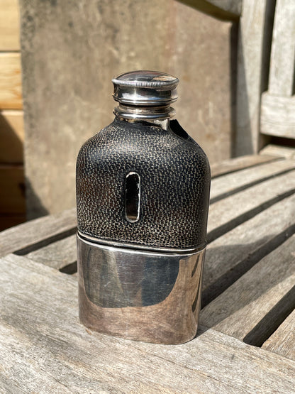 Antique James Dixon and Sons Sheffield EPBM, glass and leather hipflask and cup 11cm tall c1880