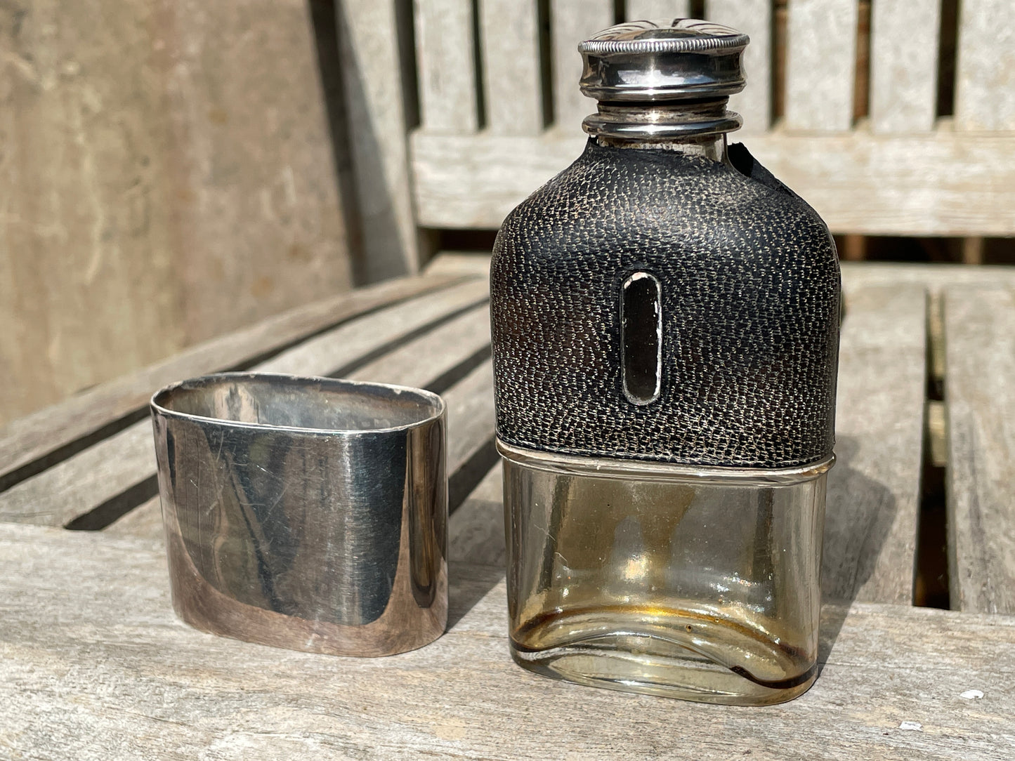 Antique James Dixon and Sons Sheffield EPBM, glass and leather hipflask and cup 11cm tall c1880