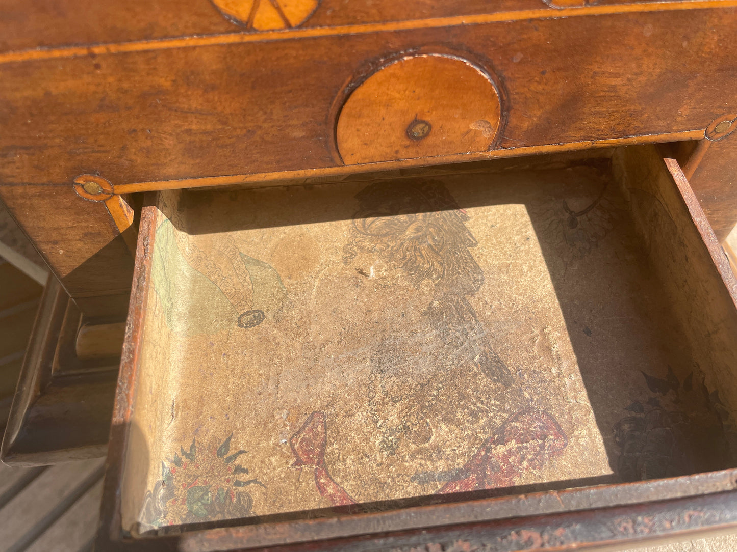 Handmade Antique Folk Art Box – Turn of the 19th Century – Unique Inlay & Decoupage Interior