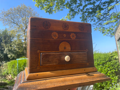 Handmade Antique Folk Art Box – Turn of the 19th Century – Unique Inlay & Decoupage Interior