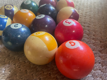 Vintage Pool Balls – Complete Set – Spots & Stripes with Cue Ball – 5cm Diameter – Uncleaned Original Condition