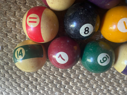 Vintage Pool Balls – Complete Set – Spots & Stripes with Cue Ball – 5cm Diameter – Uncleaned Original Condition