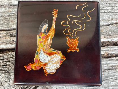 A Vietnamese Lacquered Box With a Female Playing a Lute on the Cover 10cm Square