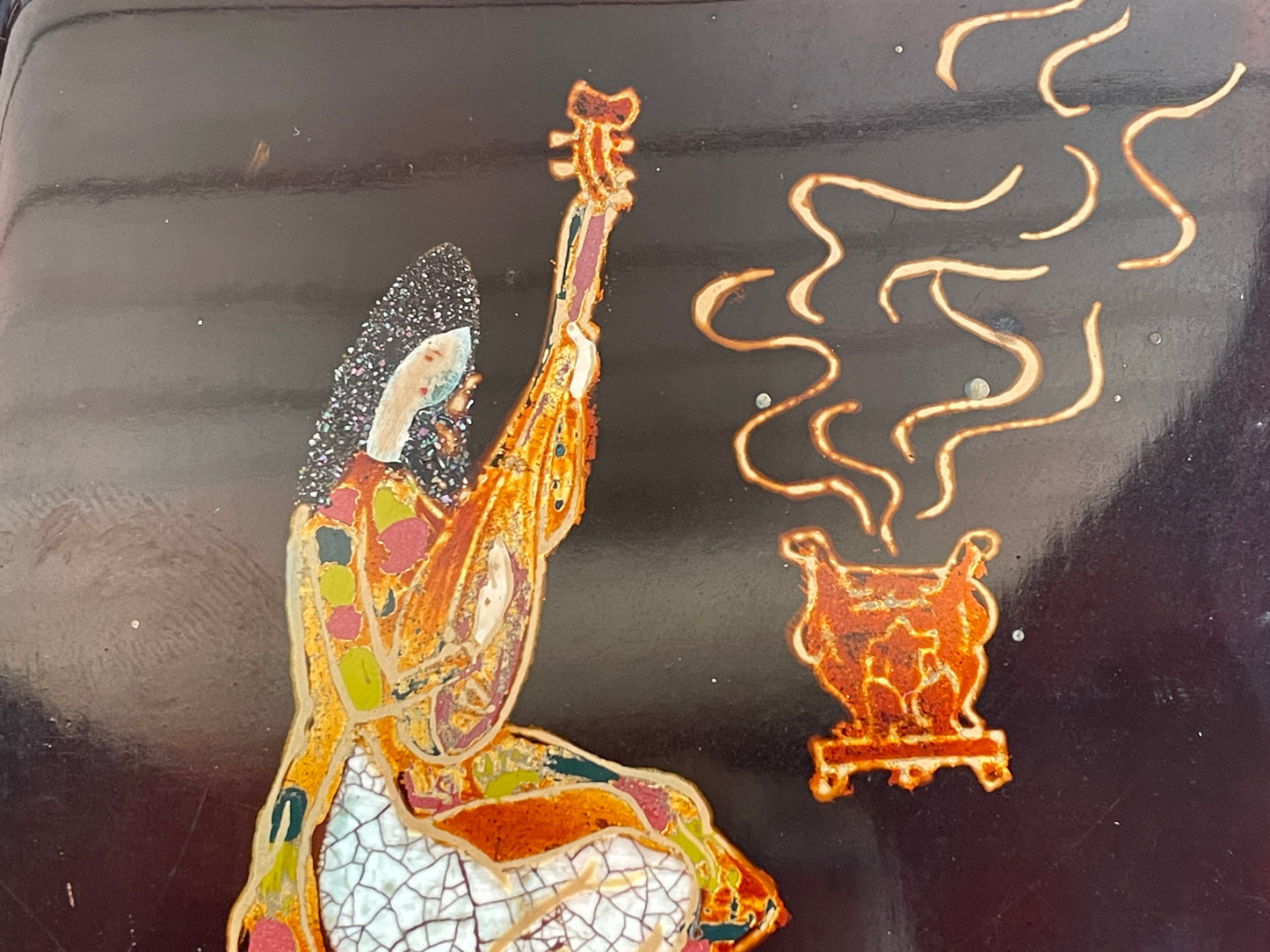 A Vietnamese Lacquered Box With a Female Playing a Lute on the Cover 10cm Square