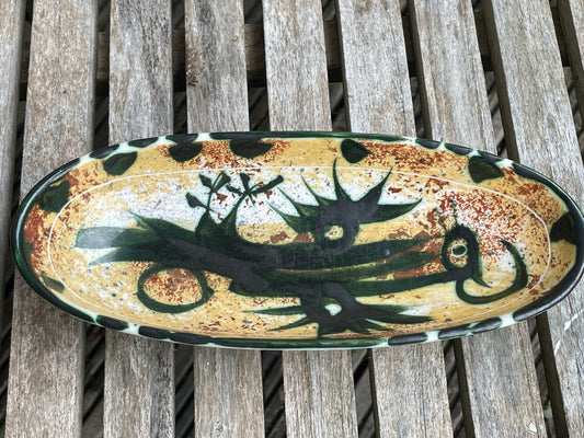 A Vintage Celtic Pottery from Newlyn Cornwall - Phoenix design - by Bill and Maggie Fisher - 22.5cm long c1960's