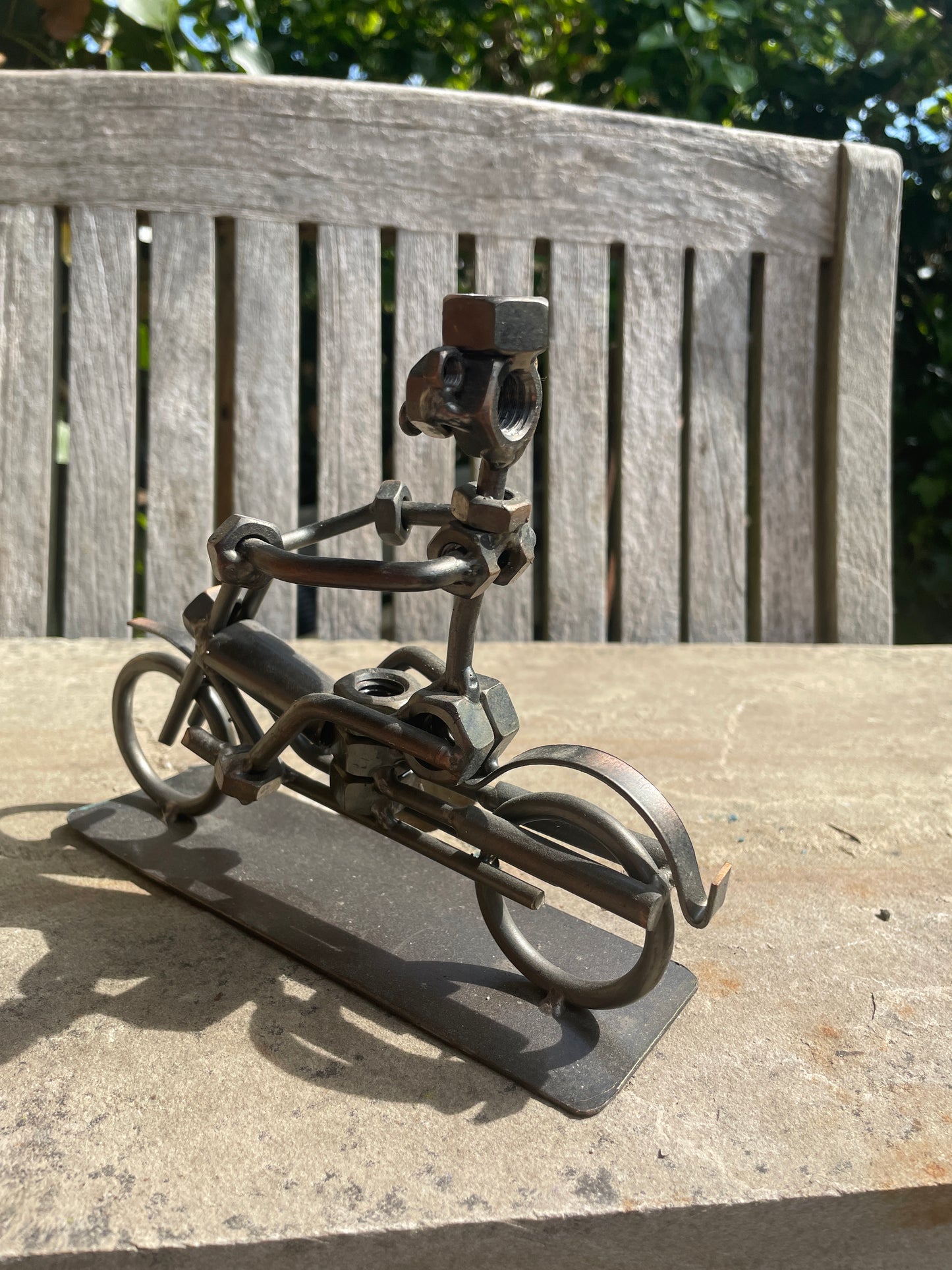 Hinz & Kunst Motorcycle Chopper – Metal Screw Man Sculpture – Handmade Biker Gift – Munich Artist Figurine